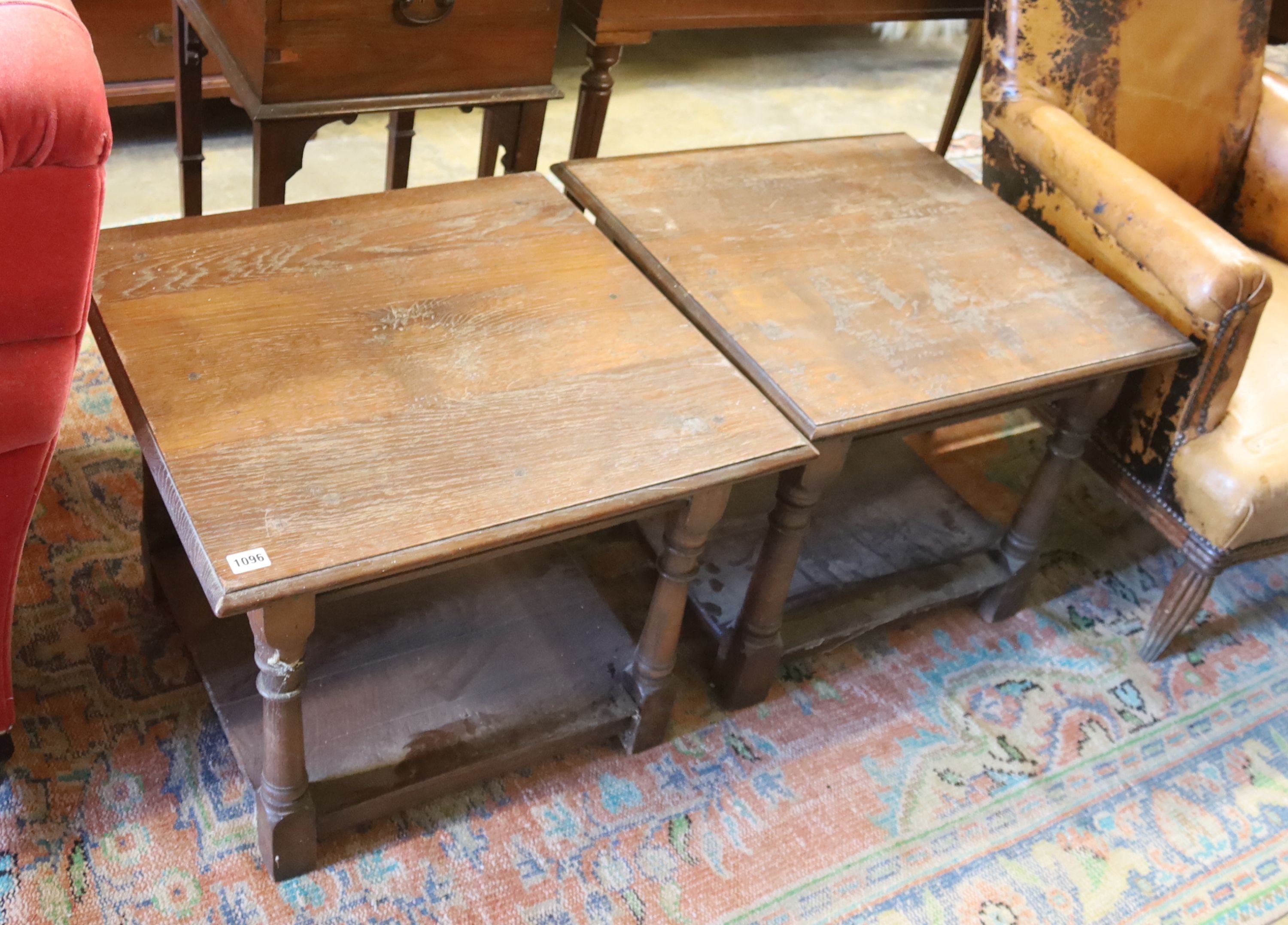 A pair of square hardwood two tier low tables, width 61cm, height 50cm